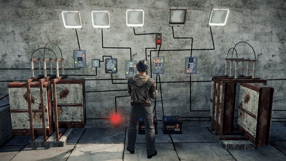 A man looking at connected boxes on a wall in the game Rust.