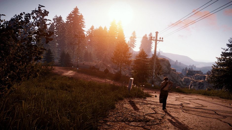 A sunrise with a man running in a scene from the video game Rust