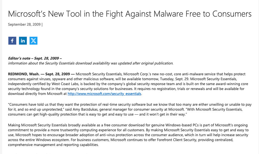 Screenshot of the original Microsoft Security Essentials press release