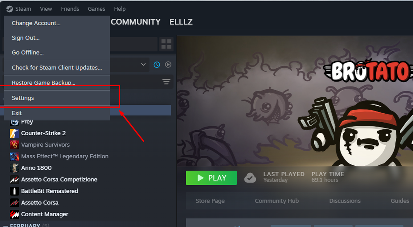 Screenshot showing where to access settings in the Steam Client.