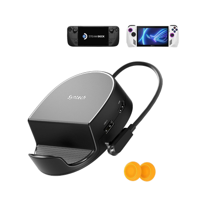 A PNG render of the Syntech Mini Dock. Above the Mini Dock is a picture of the Steam Deck and the ASUS Rog Ally.