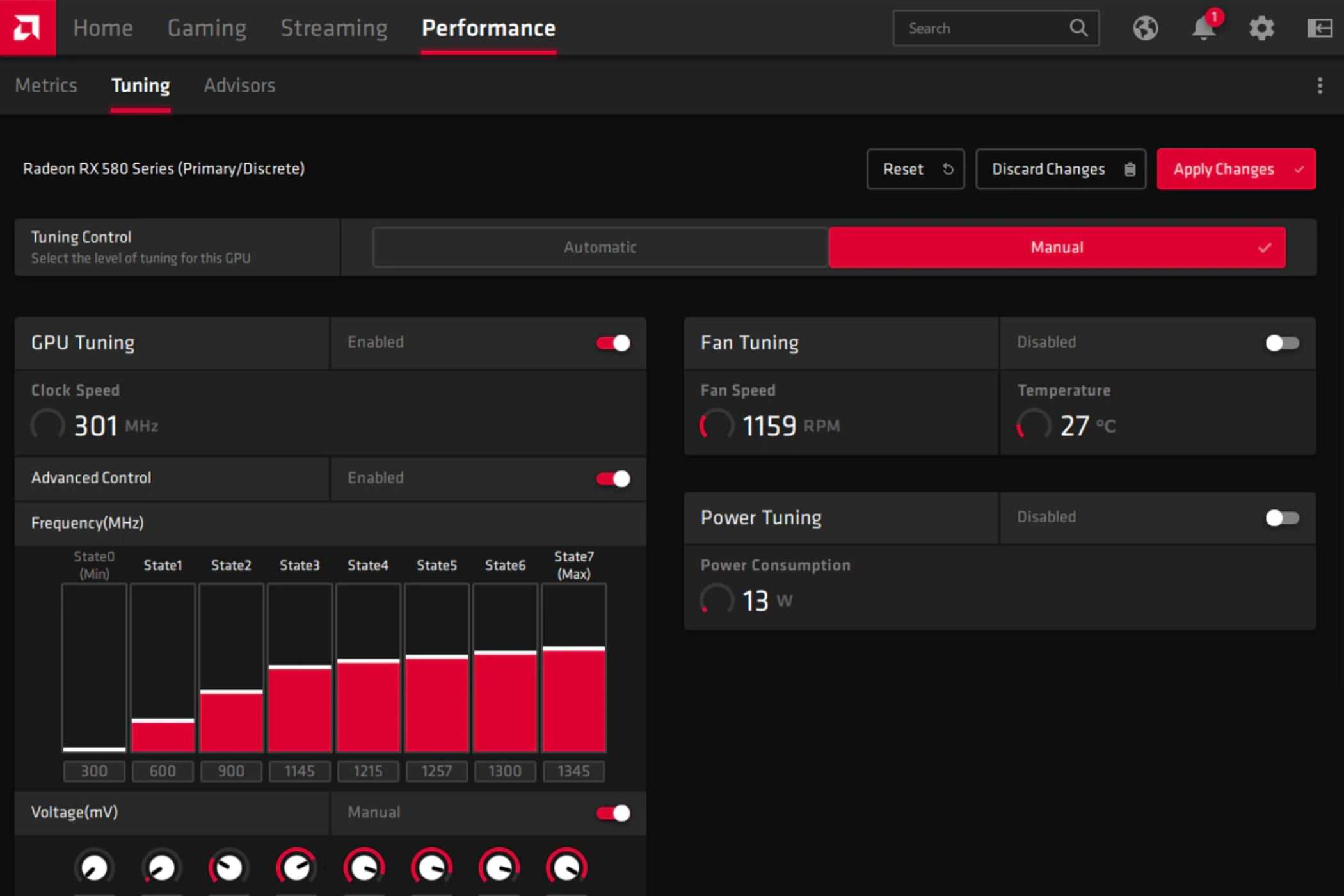 A screenshot showing the voltage tuning features for GPU overclocking in AMD software.