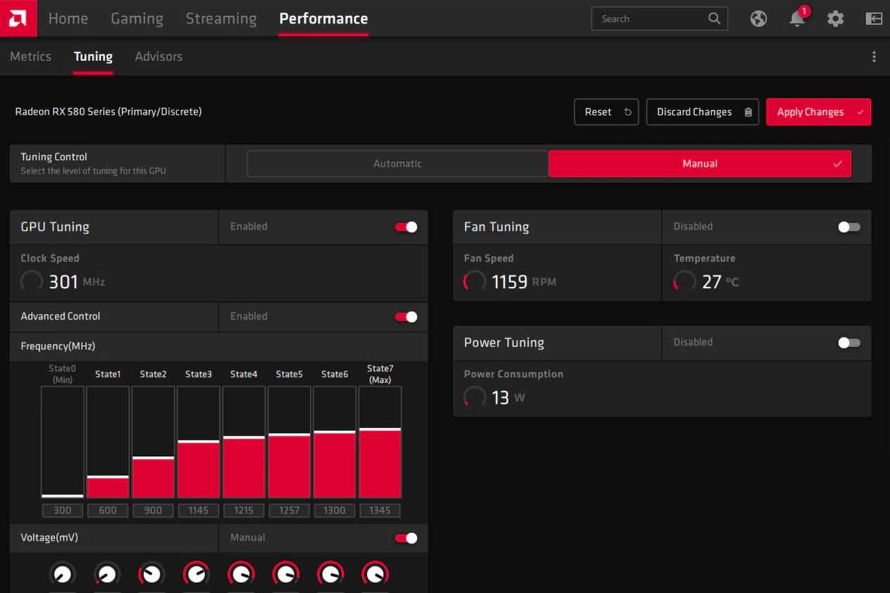 A screenshot showing the voltage tuning features for GPU overclocking in AMD software.