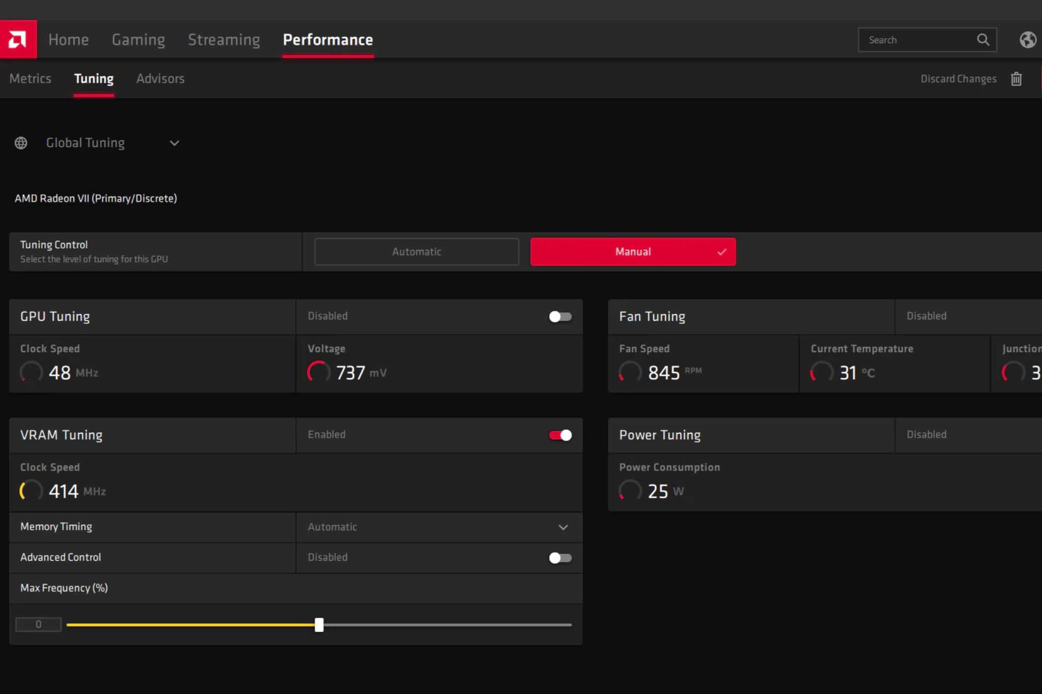 A screenshot showing the VRAM tuning options for GPU overclocking in AMD software.