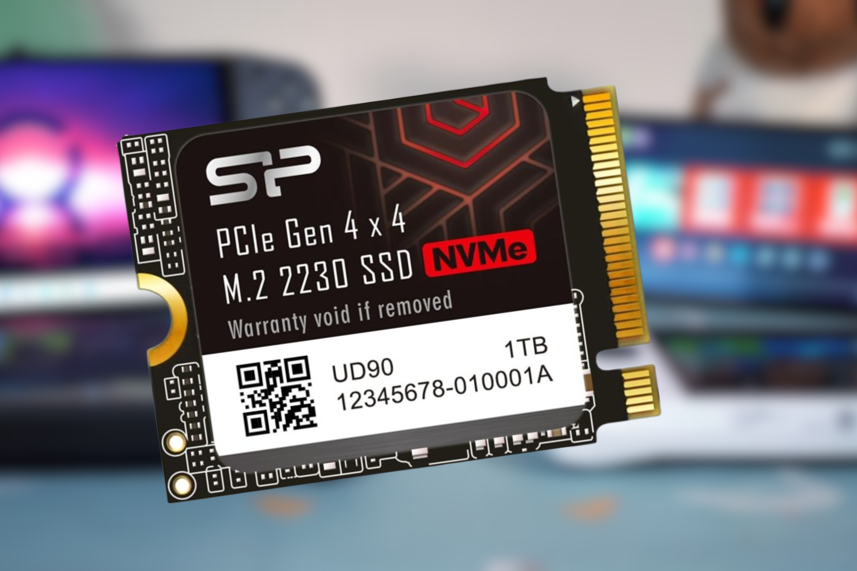 SSD PCIe M.2 NVMe 4.0 Gen4 UD90 2230 de Silicon Power de 1 TB sobre fondo borroso