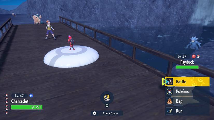 Screenshot of Pokémon Violet showing a character using a buoy to float, despite being on solid ground