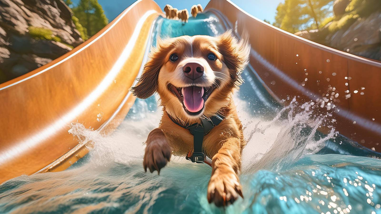An Adobe Firefly Image 3 image of a dog on a waterslide
