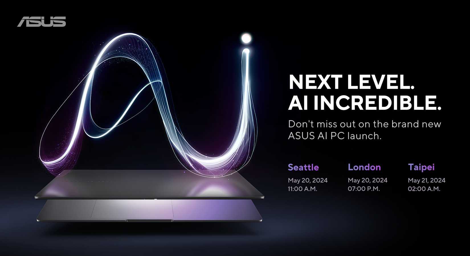 An image of a laptop next to an announcement of an event taking place on May 20