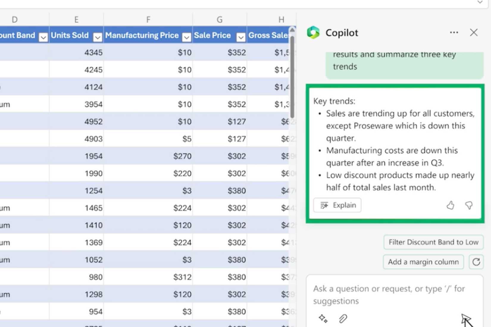 Copilot making conclusions from Excel data.