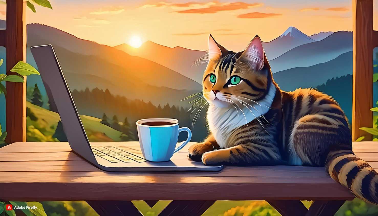 Cat with laptop and coffee (realistic)