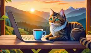 Cat with laptop and coffee (realistic)
