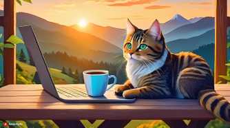 Cat with laptop and coffee (realistic)