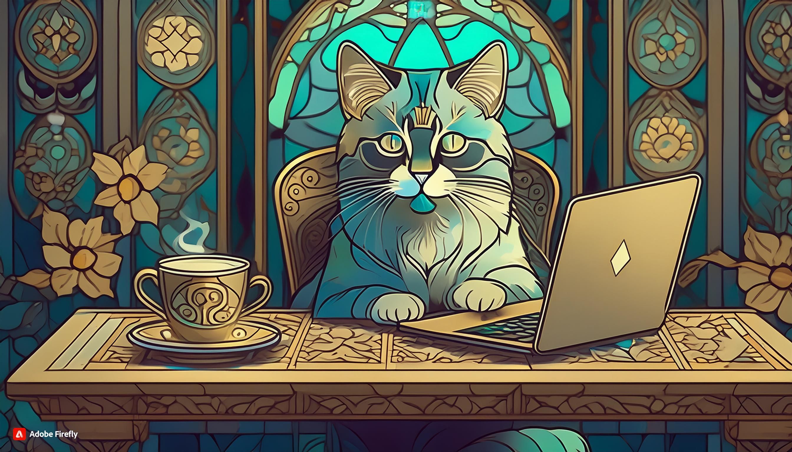 Cat with laptop and coffee (art nouveau)