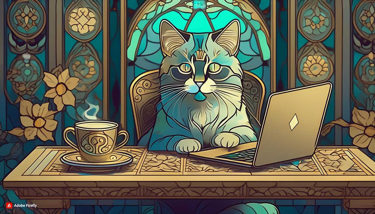 Cat with laptop and coffee (art nouveau)