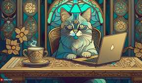Cat with laptop and coffee (art nouveau)