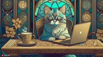 Cat with laptop and coffee (art nouveau)