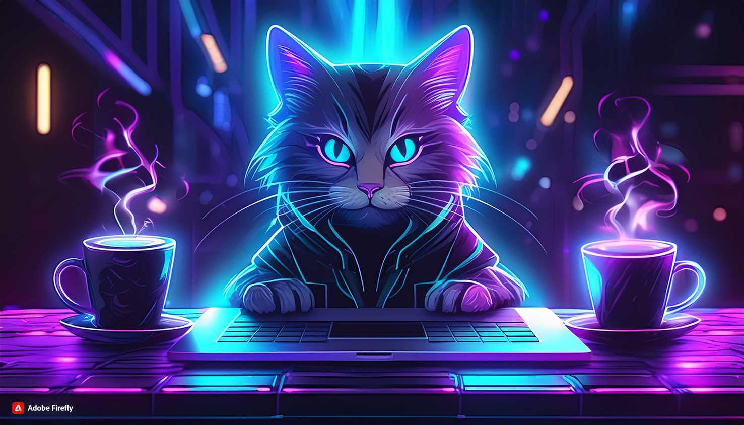 Cat with laptop and coffee (cyberpunk)
