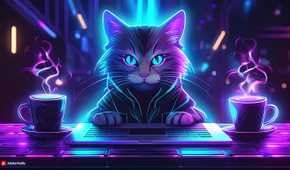 Cat with laptop and coffee (cyberpunk)