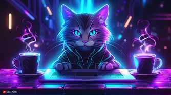 Cat with laptop and coffee (cyberpunk)