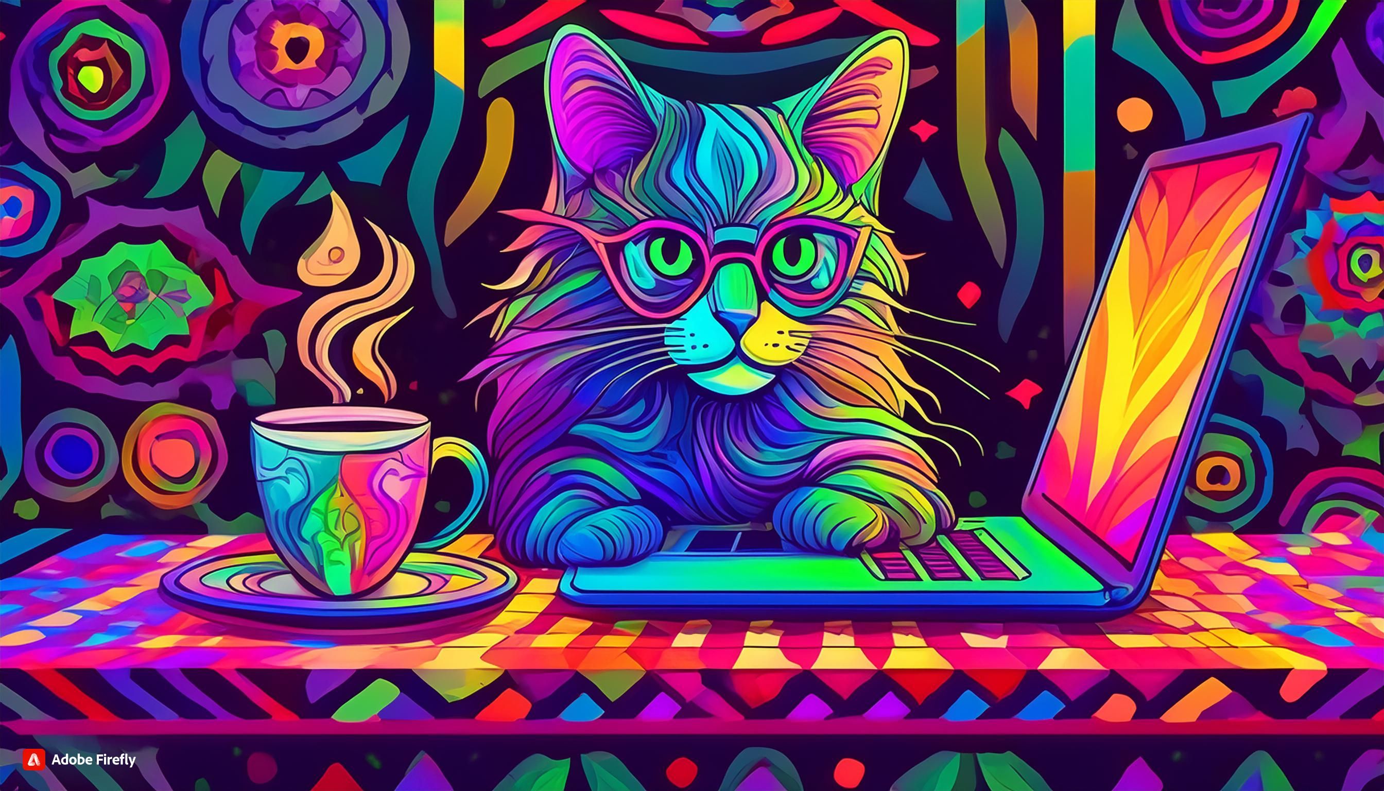 Cat with laptop and coffee (psychedelic)