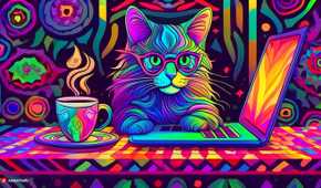 Cat with laptop and coffee (psychedelic)