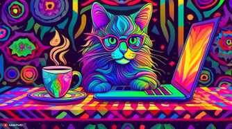 Cat with laptop and coffee (psychedelic)