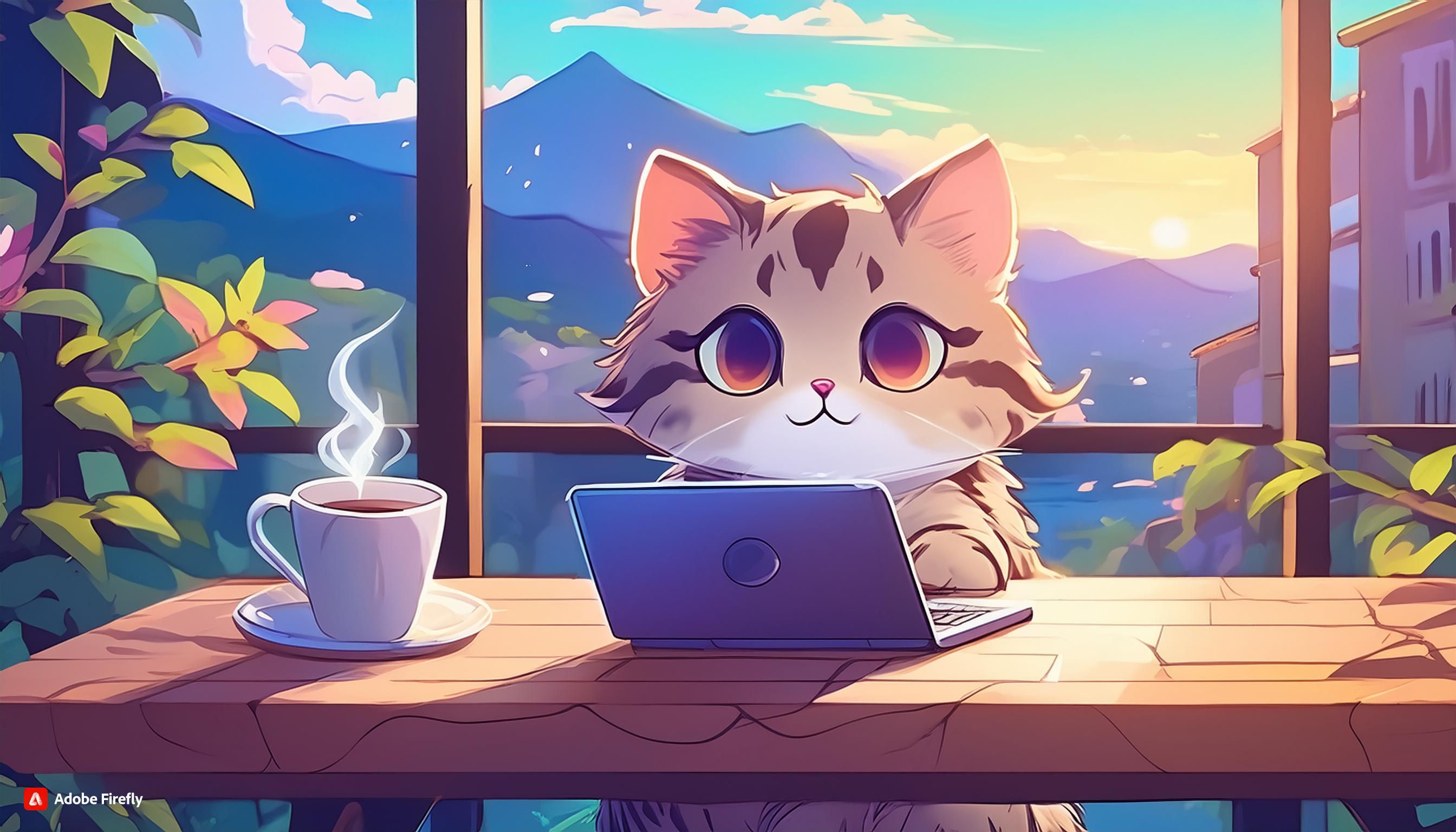 Cat with laptop and coffee (anime)