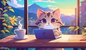 Cat with laptop and coffee (anime)