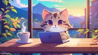 Cat with laptop and coffee (anime)