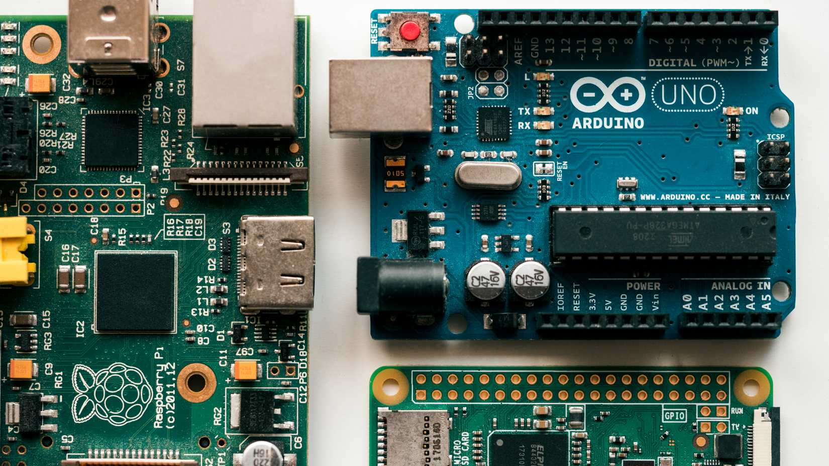 An image of an Arduino, Raspberry Pi and Pi Pico