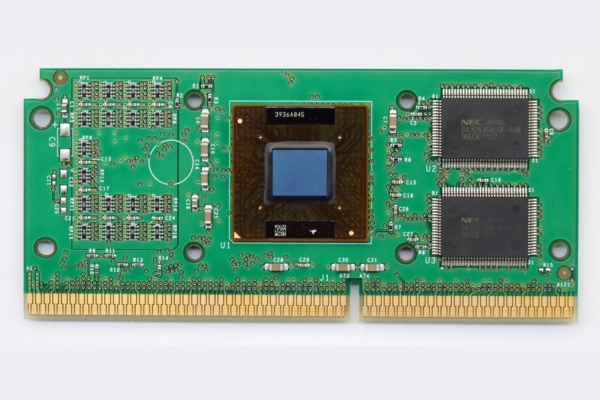 An image showing an Intel Pentium III Katmai slot CPU.