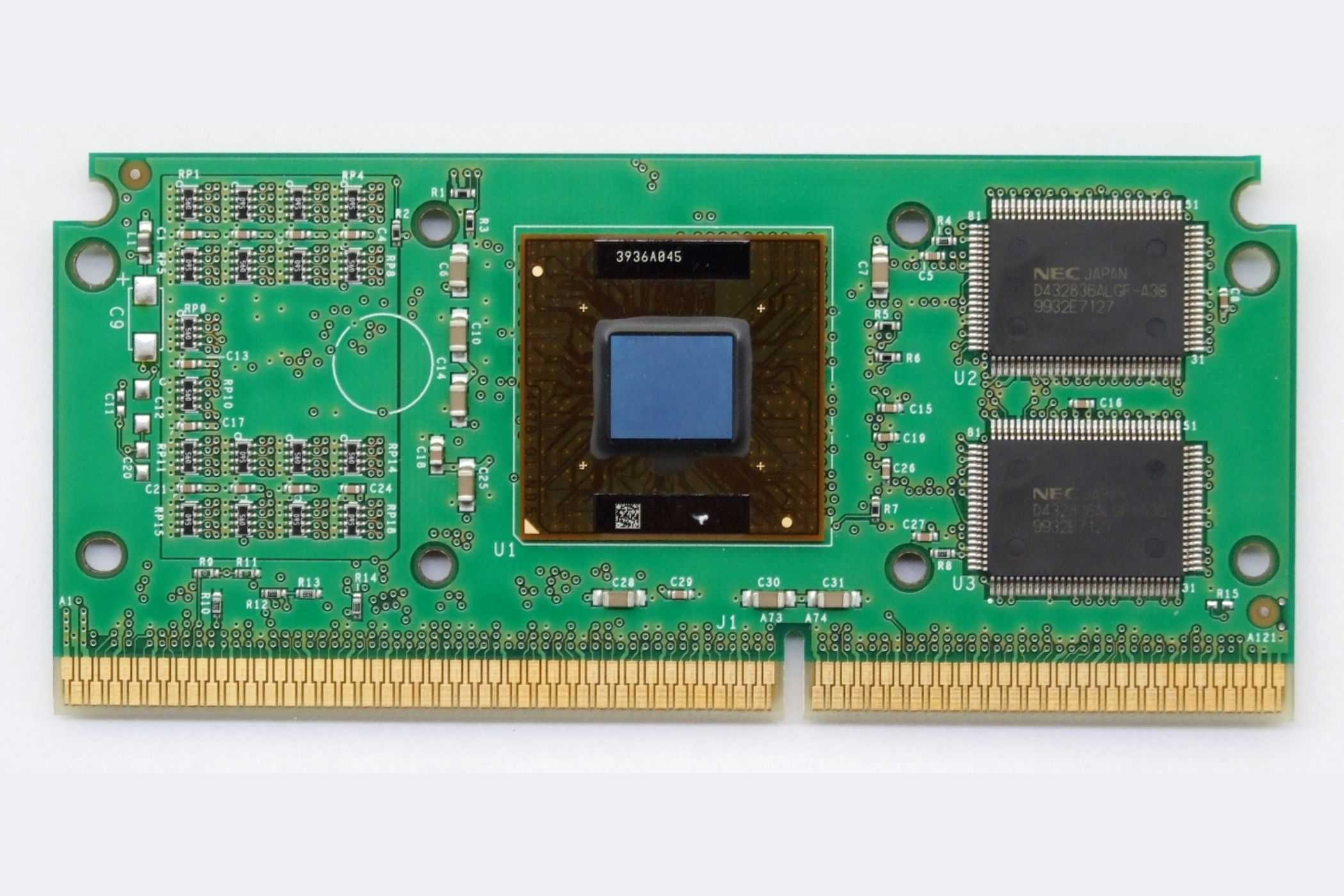 An image showing an Intel Pentium III Katmai slot CPU.