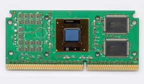 An image showing an Intel Pentium III Katmai slot CPU.