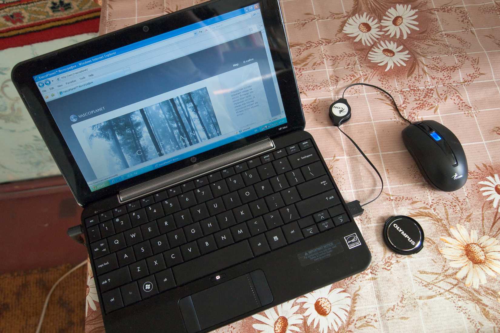 A netbook on a table with a mouse connected.