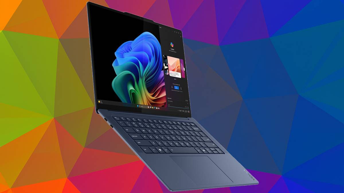 Angled side view of the Lenovo Yoga Slim 7 14 Snapdragon Edition over a colorful polygon background