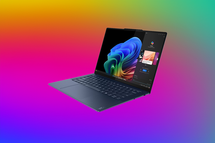 Angled right-side view of the Lenovo Yoga Slim 7 14 Snapdragon Edition over a colorful gradient