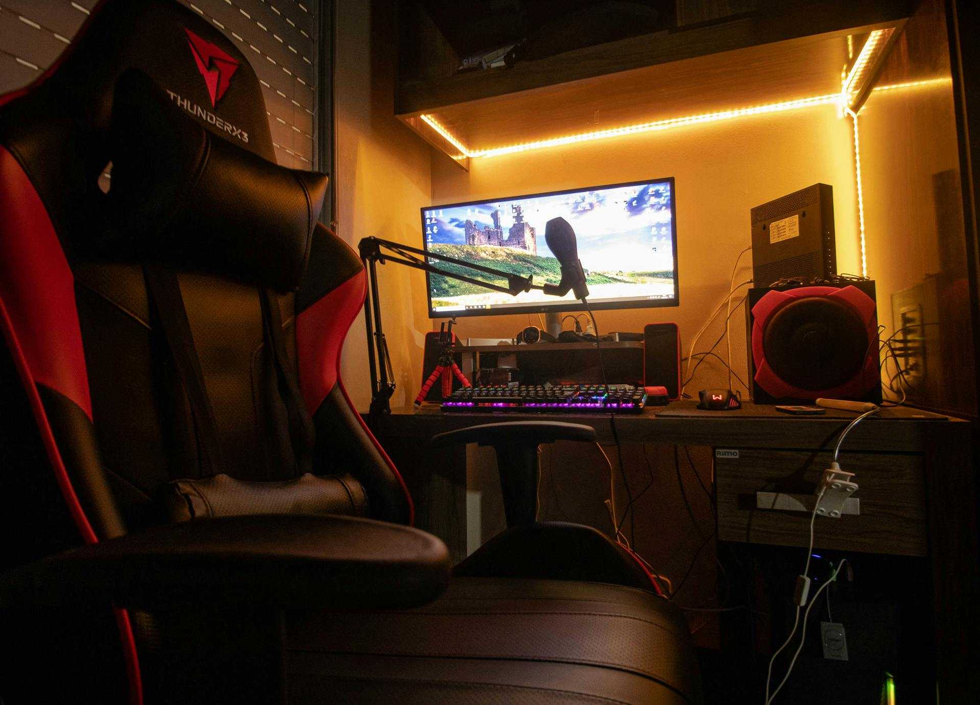 Gaming setup with computer, modem, and router