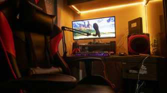 Gaming setup with computer, modem, and router