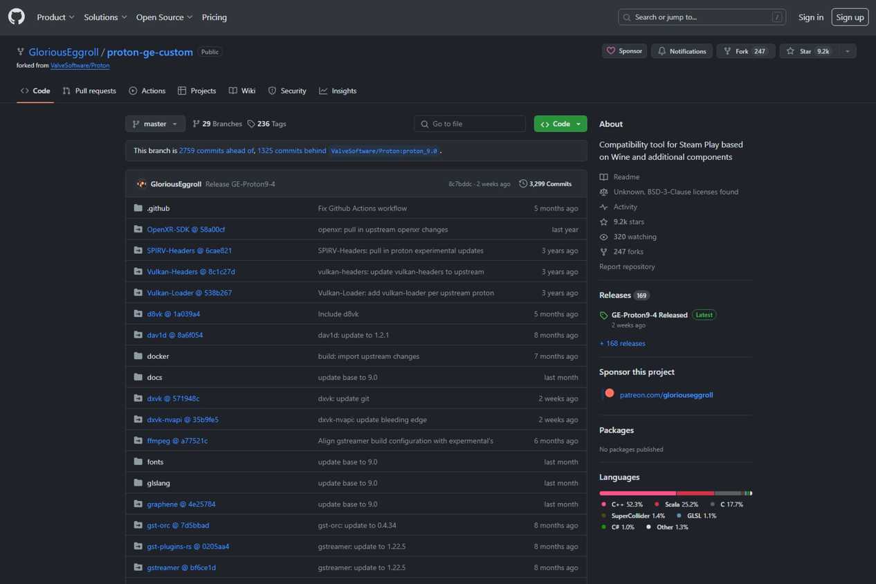 screenshot of the github page for proton ge