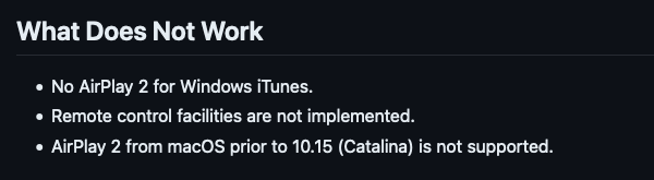 Screenshot of the 'What does not work' page on Shairport-Sync,