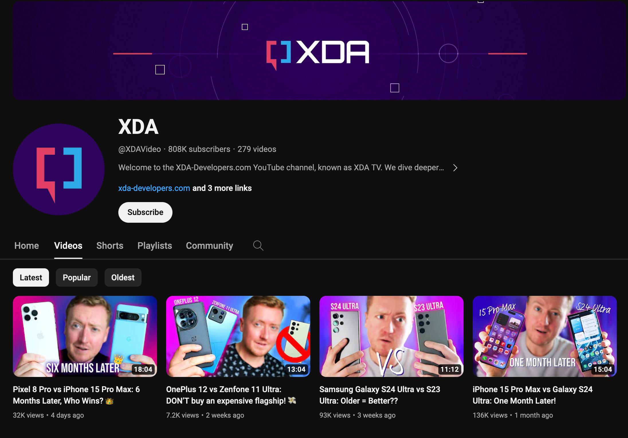 Screenshot of the XDA-developers youtube channel