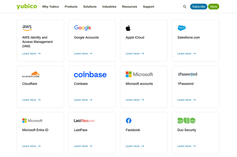 Screenshot of Yubico's list of supported apps.