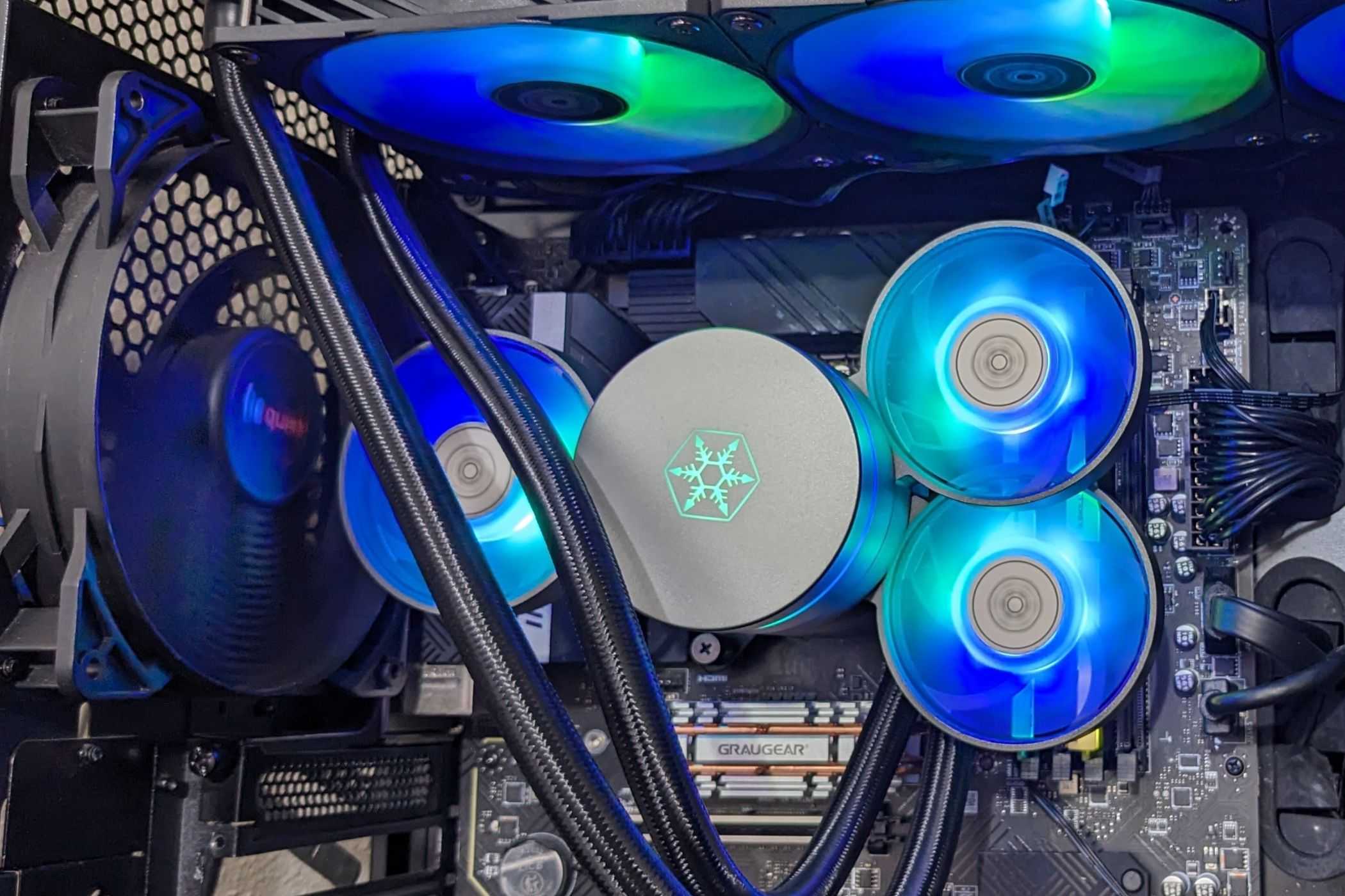 An image showing the SilverStone IceMyst 240 AIO liquid cooler installed inside a PC case.
