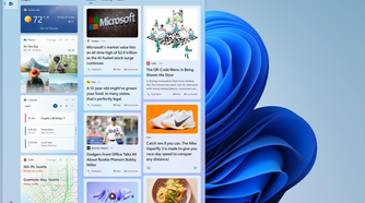 Screenshot of the Windows 11 Widgets panel with a navigation bar and open in the Discover tab
