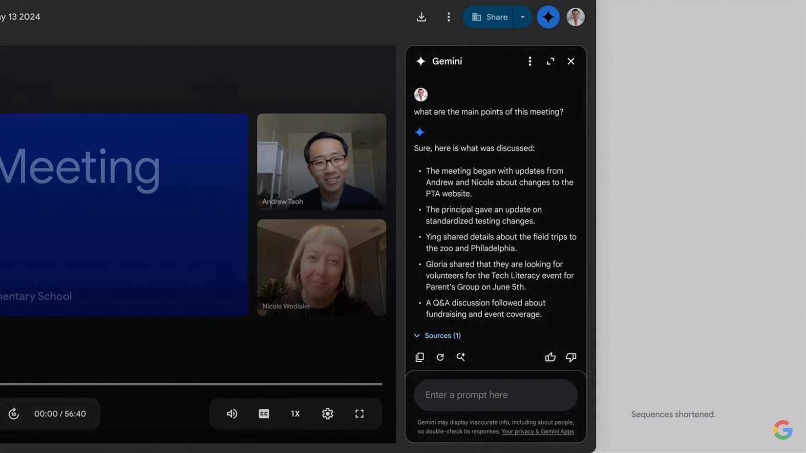 Gemini summarizing the key points of a meeting in Google Meet