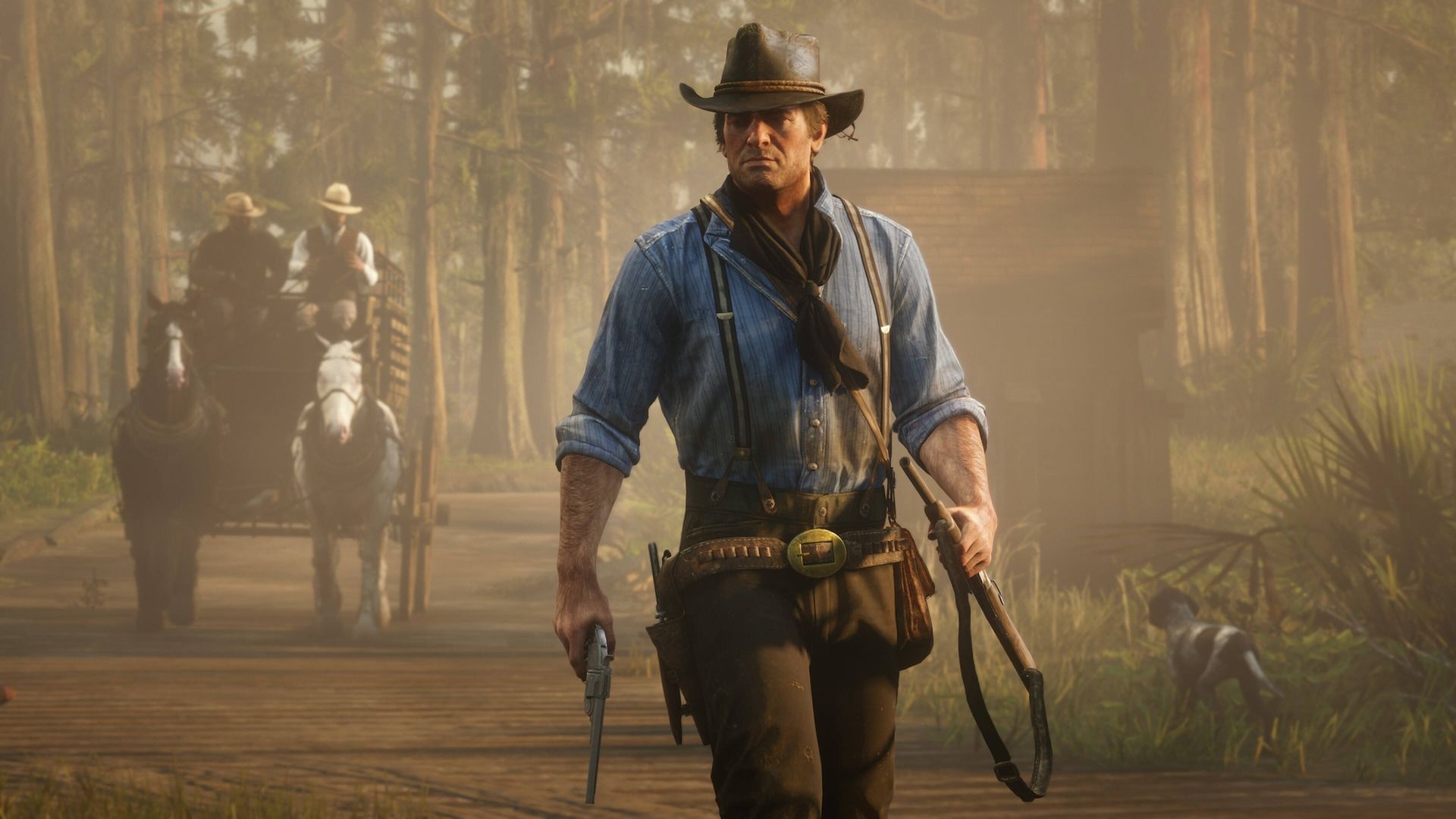 red dead redemption 2 arthur morgan holding guns