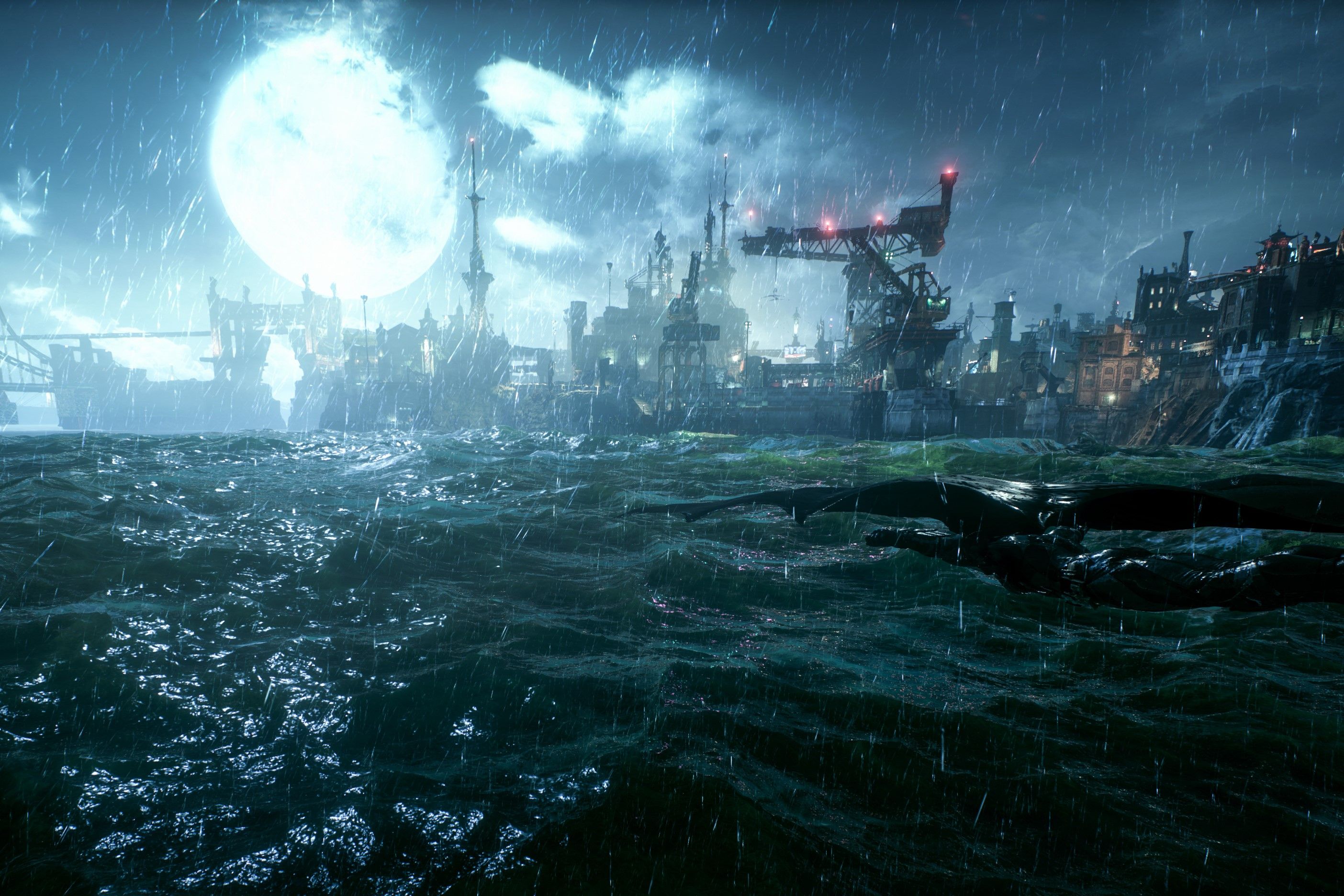 Screenshot of Batman Arkham Knight showing the moon over the river