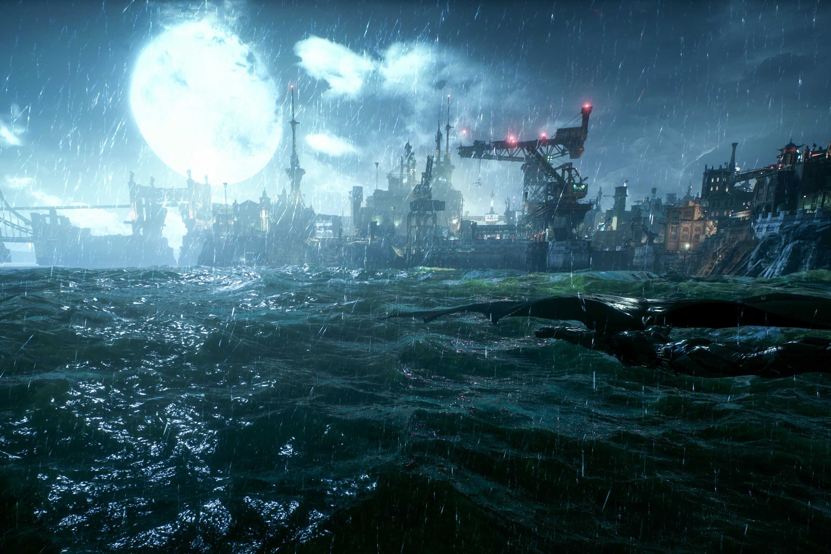 Screenshot of Batman Arkham Knight showing the moon over the river