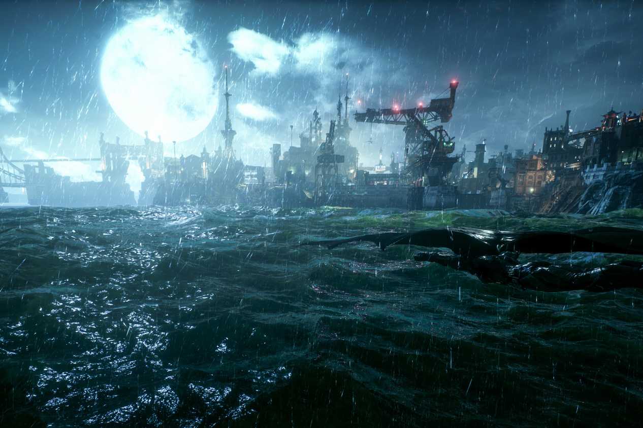 Screenshot of Batman Arkham Knight showing the moon over the river