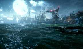 Screenshot of Batman Arkham Knight showing the moon over the river